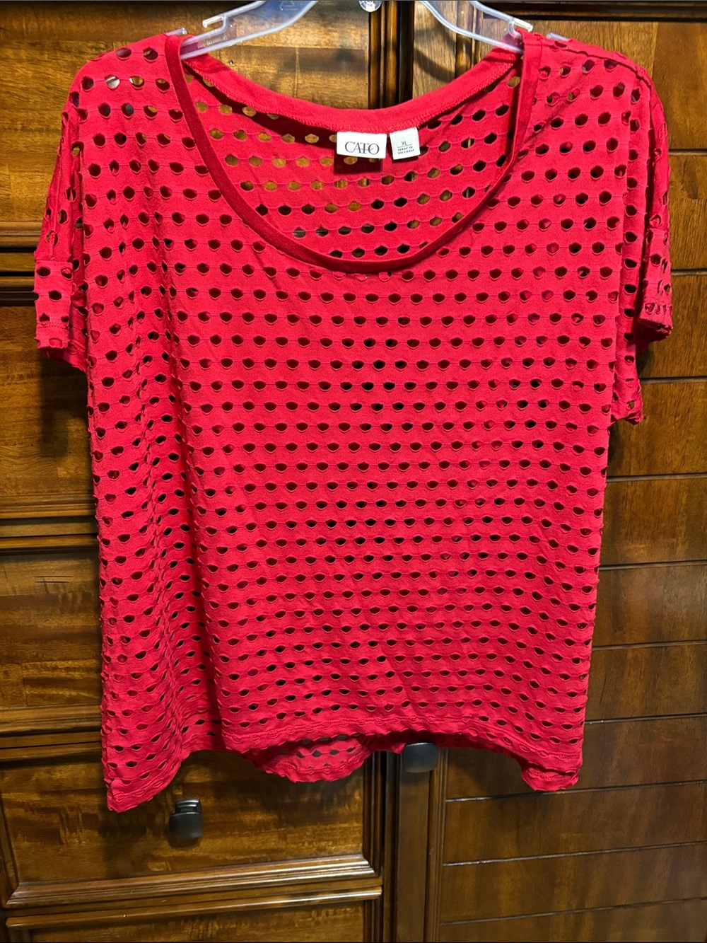 Cato Red Short Sleeve Top with Circular Cut Outs